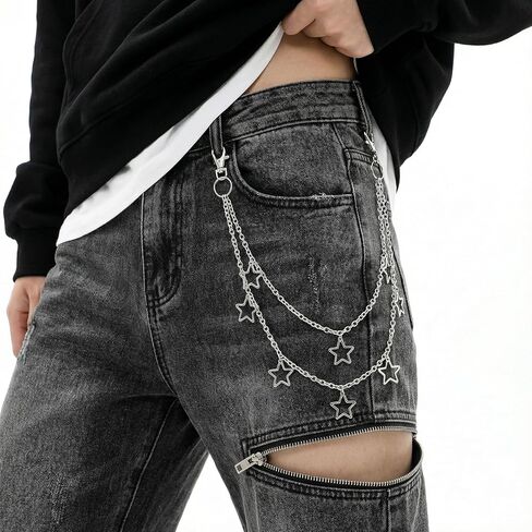سلسلة سراويل للجنسين للجينز - سلسلة محفظة Y2k Star ذات الطبقات الشرير القوطي الهيب هوب | إكسسوار معدني فضي ثقيل مع مشبك للرجال والنساء | بنطلون منفعل، حزام، زخرفة الجيب in Kuwait
