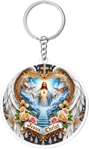 Jesus Christ Sacred Heart Acrylic Keychain with Angel Wings and Floral Design, Religious Round Pendant with Chain, Unisex Lightweight Accessory in Saudi Arabia