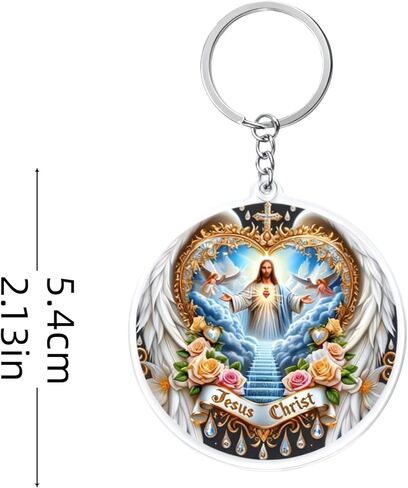 Jesus Christ Sacred Heart Acrylic Keychain with Angel Wings and Floral Design, Religious Round Pendant with Chain, Unisex Lightweight Accessory in Saudi Arabia
