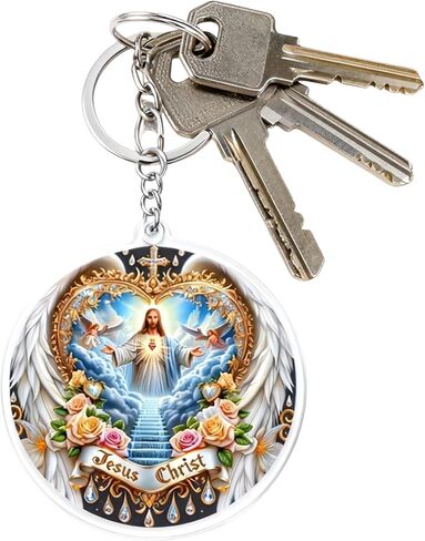 Jesus Christ Sacred Heart Acrylic Keychain with Angel Wings and Floral Design, Religious Round Pendant with Chain, Unisex Lightweight Accessory in Saudi Arabia