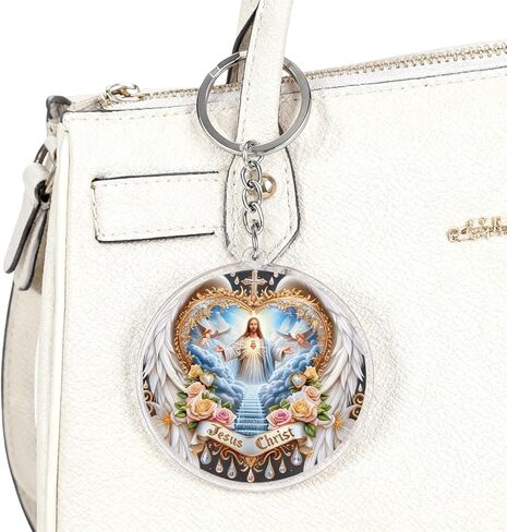 Jesus Christ Sacred Heart Acrylic Keychain with Angel Wings and Floral Design, Religious Round Pendant with Chain, Unisex Lightweight Accessory in Saudi Arabia
