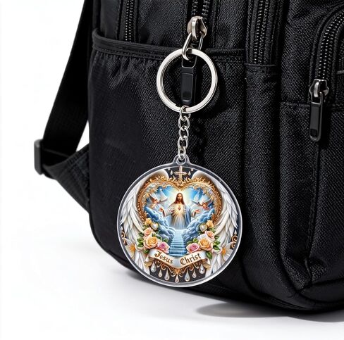 Jesus Christ Sacred Heart Acrylic Keychain with Angel Wings and Floral Design, Religious Round Pendant with Chain, Unisex Lightweight Accessory in Saudi Arabia