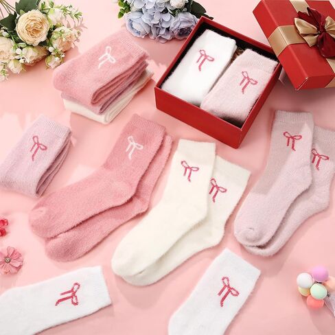 Foaincore 10 Pairs Fuzzy Socks for Women, Pink White Womens Bow Fuzzy Socks, Thick Cozy Fluffy Comfy, Cute Coquette Clothes, Winter Cozy Fluffy Warm Sock Clothing Slipper Home Sleeping in Saudi Arabia