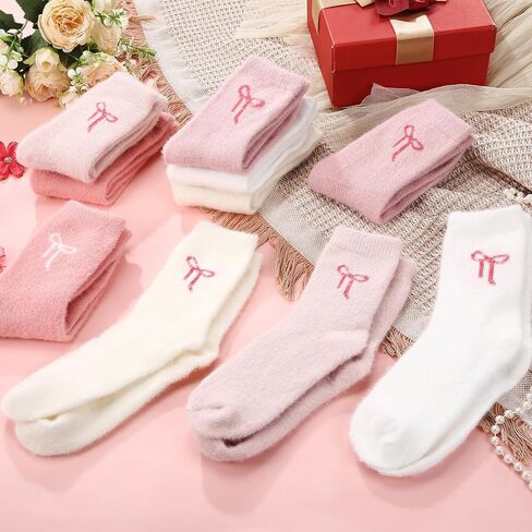 Foaincore 10 Pairs Fuzzy Socks for Women, Pink White Womens Bow Fuzzy Socks, Thick Cozy Fluffy Comfy, Cute Coquette Clothes, Winter Cozy Fluffy Warm Sock Clothing Slipper Home Sleeping in Saudi Arabia