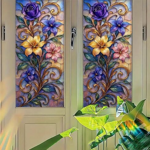 Floral Vine Window Film Stained Glass Style Privacy Panel Static Cling Decorative Cover for Bathroom Door Entryway Sunroom 17.7x39.3 inch in Kuwait
