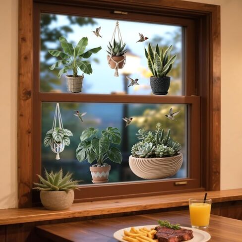 ANATTASOUL Static Window Clings Realistic Potted Plants 1 Sheet Reusable Window Decals for Glass, 47.24" x 11.8" Removable Double Sided Window Sticker for Room Office Home Decoration in Saudi Arabia