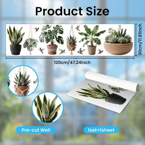 ANATTASOUL Static Window Clings Realistic Potted Plants 1 Sheet Reusable Window Decals for Glass, 47.24" x 11.8" Removable Double Sided Window Sticker for Room Office Home Decoration in Saudi Arabia