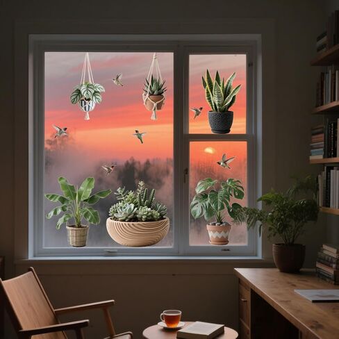 ANATTASOUL Static Window Clings Realistic Potted Plants 1 Sheet Reusable Window Decals for Glass, 47.24" x 11.8" Removable Double Sided Window Sticker for Room Office Home Decoration in Saudi Arabia