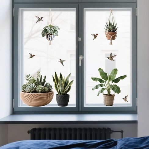 ANATTASOUL Static Window Clings Realistic Potted Plants 1 Sheet Reusable Window Decals for Glass, 47.24" x 11.8" Removable Double Sided Window Sticker for Room Office Home Decoration in Saudi Arabia