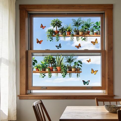 ANATTASOUL Static Window Clings Realistic Potted Plants 1 Sheet Reusable Window Decals for Glass, 47.24" x 11.8" Removable Double Sided Window Sticker for Room Office Home Decoration in Saudi Arabia