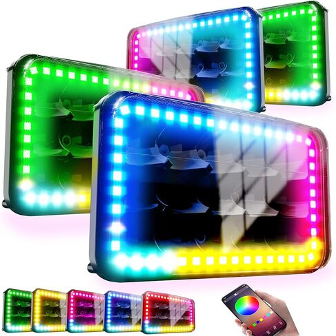 ROLINGER 4 قطع للطرق الوعرة التوصيل والتشغيل مختومة شعاع LED ضوء H4651 H4652 H4656 H6545 4X6 أضواء LED مع وظيفة هالة RGB مستطيلة على الطرق الوعرة لـ Peterbilt Kenworth Freightliner in Kuwait