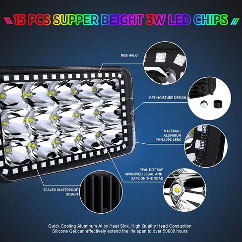 ROLINGER 4 قطع للطرق الوعرة التوصيل والتشغيل مختومة شعاع LED ضوء H4651 H4652 H4656 H6545 4X6 أضواء LED مع وظيفة هالة RGB مستطيلة على الطرق الوعرة لـ Peterbilt Kenworth Freightliner in Kuwait
