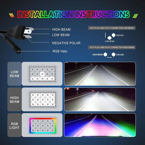 ROLINGER 4 قطع للطرق الوعرة التوصيل والتشغيل مختومة شعاع LED ضوء H4651 H4652 H4656 H6545 4X6 أضواء LED مع وظيفة هالة RGB مستطيلة على الطرق الوعرة لـ Peterbilt Kenworth Freightliner in Kuwait