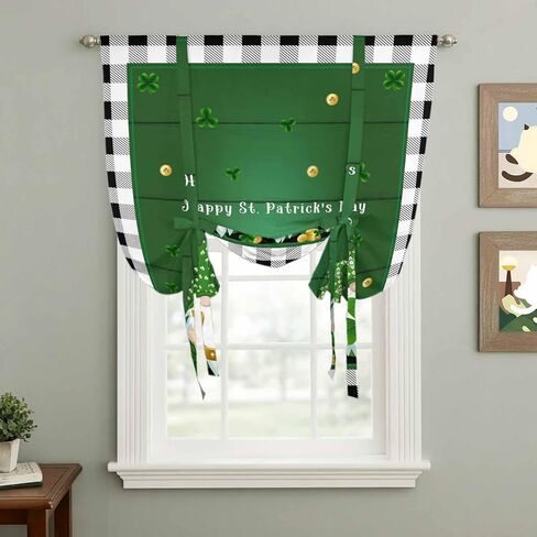 St. Patrick's Day Tie Up Curtains for Window, Green Shamrocks Gnomes Gold Coin Plaid Thermal Insulated Balloon Shade Adjustable Rod Pocket Curtains Valance Panels for Kitchen Bathroom Café 42'' x 54'' in Saudi Arabia