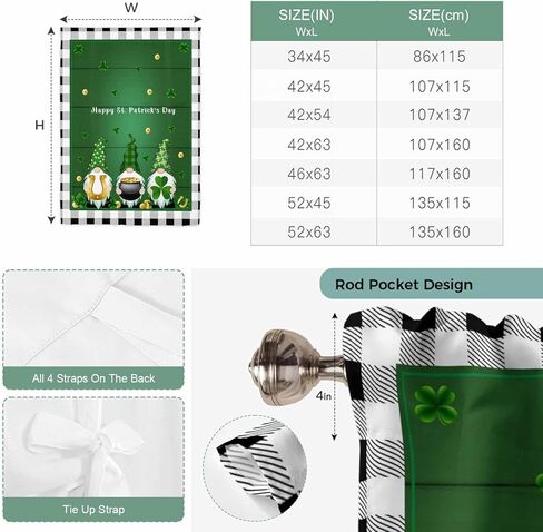 St. Patrick's Day Tie Up Curtains for Window, Green Shamrocks Gnomes Gold Coin Plaid Thermal Insulated Balloon Shade Adjustable Rod Pocket Curtains Valance Panels for Kitchen Bathroom Café 42'' x 54'' in Saudi Arabia