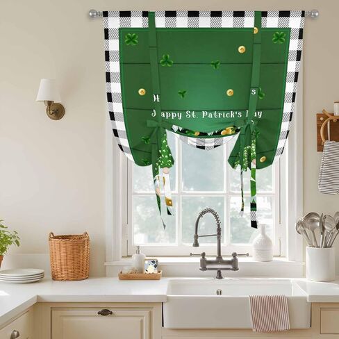 St. Patrick's Day Tie Up Curtains for Window, Green Shamrocks Gnomes Gold Coin Plaid Thermal Insulated Balloon Shade Adjustable Rod Pocket Curtains Valance Panels for Kitchen Bathroom Café 42'' x 54'' in Saudi Arabia