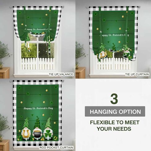 St. Patrick's Day Tie Up Curtains for Window, Green Shamrocks Gnomes Gold Coin Plaid Thermal Insulated Balloon Shade Adjustable Rod Pocket Curtains Valance Panels for Kitchen Bathroom Café 42'' x 54'' in Saudi Arabia