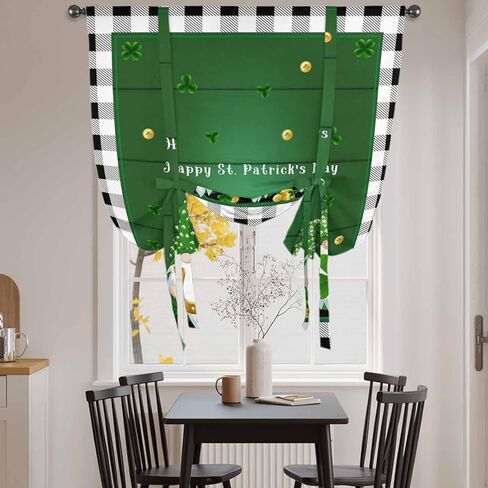 St. Patrick's Day Tie Up Curtains for Window, Green Shamrocks Gnomes Gold Coin Plaid Thermal Insulated Balloon Shade Adjustable Rod Pocket Curtains Valance Panels for Kitchen Bathroom Café 42'' x 54'' in Saudi Arabia