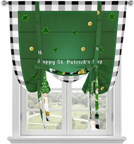 St. Patrick's Day Tie Up Curtains for Window, Green Shamrocks Gnomes Gold Coin Plaid Thermal Insulated Balloon Shade Adjustable Rod Pocket Curtains Valance Panels for Kitchen Bathroom Café 42'' x 54'' in Saudi Arabia