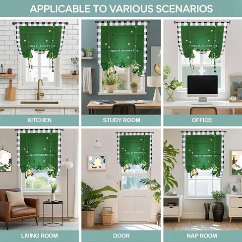 St. Patrick's Day Tie Up Curtains for Window, Green Shamrocks Gnomes Gold Coin Plaid Thermal Insulated Balloon Shade Adjustable Rod Pocket Curtains Valance Panels for Kitchen Bathroom Café 42'' x 54'' in Saudi Arabia