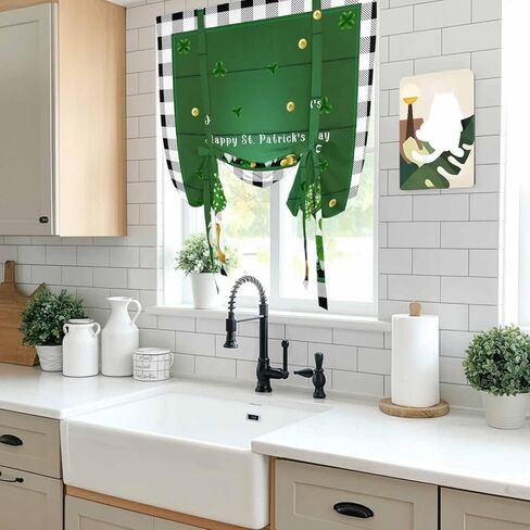 St. Patrick's Day Tie Up Curtains for Window, Green Shamrocks Gnomes Gold Coin Plaid Thermal Insulated Balloon Shade Adjustable Rod Pocket Curtains Valance Panels for Kitchen Bathroom Café 42'' x 54'' in Saudi Arabia