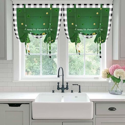 St. Patrick's Day Tie Up Curtains for Window, Green Shamrocks Gnomes Gold Coin Plaid Thermal Insulated Balloon Shade Adjustable Rod Pocket Curtains Valance Panels for Kitchen Bathroom Café 42'' x 54'' in Saudi Arabia