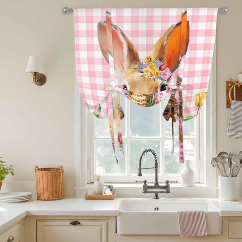 Pink Bunny Easter Tie Up Curtains for Window, Tulip Spring Floral Eggs Checkered Pastoral Thermal Balloon Shade Adjustable Rod Pocket Curtains Valance Panels for Kitchen Bathroom Café 52'' x 45'' in Saudi Arabia