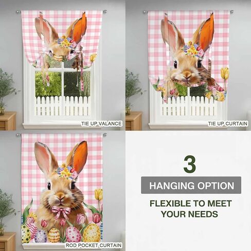 Pink Bunny Easter Tie Up Curtains for Window, Tulip Spring Floral Eggs Checkered Pastoral Thermal Balloon Shade Adjustable Rod Pocket Curtains Valance Panels for Kitchen Bathroom Café 52'' x 45'' in Saudi Arabia