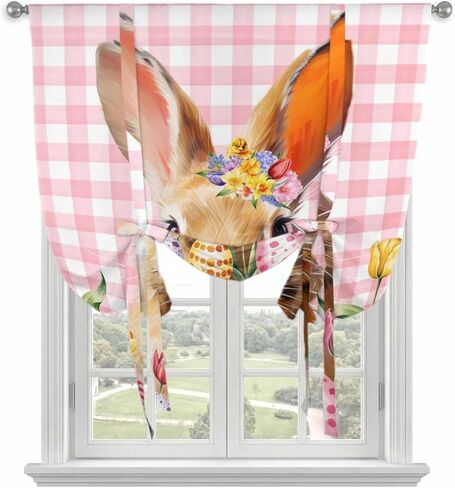 Pink Bunny Easter Tie Up Curtains for Window, Tulip Spring Floral Eggs Checkered Pastoral Thermal Balloon Shade Adjustable Rod Pocket Curtains Valance Panels for Kitchen Bathroom Café 52'' x 45'' in Saudi Arabia