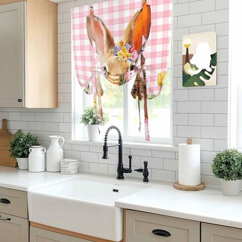 Pink Bunny Easter Tie Up Curtains for Window, Tulip Spring Floral Eggs Checkered Pastoral Thermal Balloon Shade Adjustable Rod Pocket Curtains Valance Panels for Kitchen Bathroom Café 52'' x 45'' in Saudi Arabia