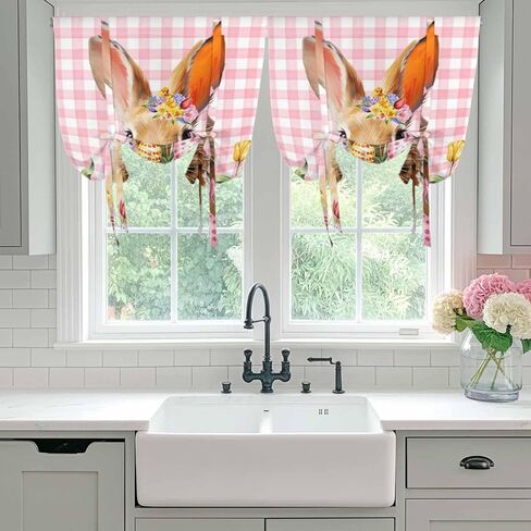 Pink Bunny Easter Tie Up Curtains for Window, Tulip Spring Floral Eggs Checkered Pastoral Thermal Balloon Shade Adjustable Rod Pocket Curtains Valance Panels for Kitchen Bathroom Café 52'' x 45'' in Saudi Arabia