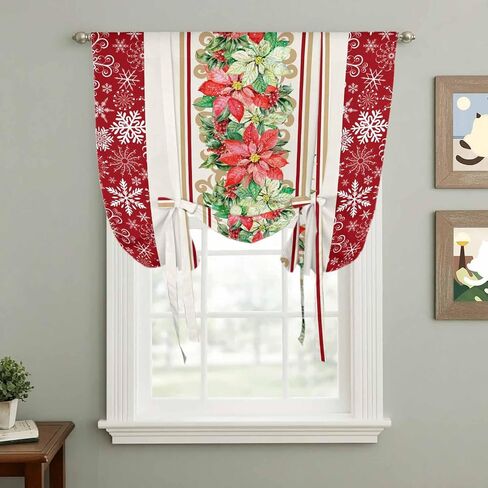 Christmas Poinsettia Tie Up Curtains for Window, Red Botanical Snowflake Thermal Insulated Balloon Shade Adjustable Rod Pocket Curtains Valance Panels for Kitchen Bathroom Café 34'' x 45'' in Saudi Arabia