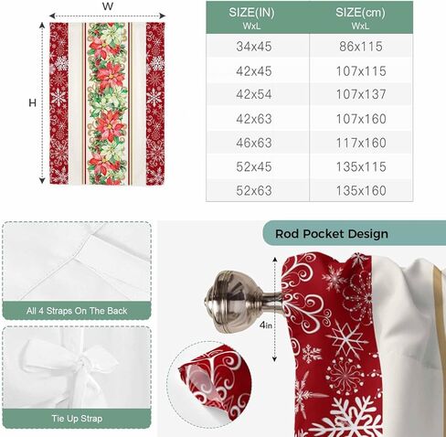 Christmas Poinsettia Tie Up Curtains for Window, Red Botanical Snowflake Thermal Insulated Balloon Shade Adjustable Rod Pocket Curtains Valance Panels for Kitchen Bathroom Café 34'' x 45'' in Saudi Arabia