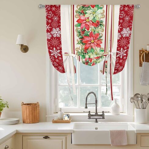 Christmas Poinsettia Tie Up Curtains for Window, Red Botanical Snowflake Thermal Insulated Balloon Shade Adjustable Rod Pocket Curtains Valance Panels for Kitchen Bathroom Café 34'' x 45'' in Saudi Arabia