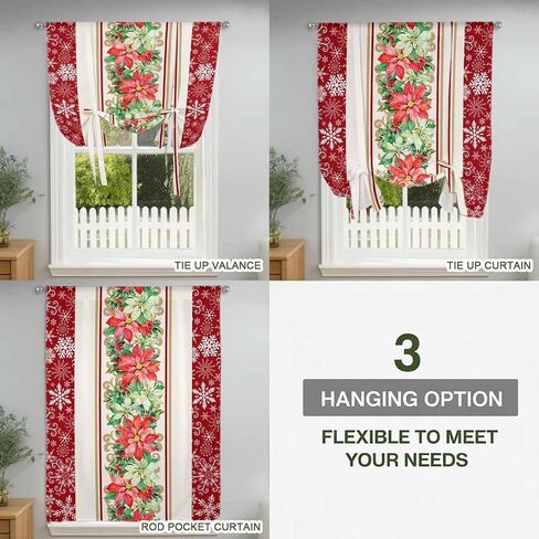Christmas Poinsettia Tie Up Curtains for Window, Red Botanical Snowflake Thermal Insulated Balloon Shade Adjustable Rod Pocket Curtains Valance Panels for Kitchen Bathroom Café 34'' x 45'' in Saudi Arabia