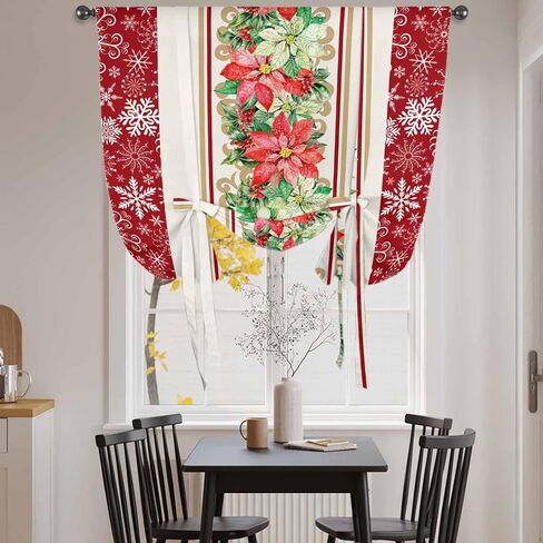 Christmas Poinsettia Tie Up Curtains for Window, Red Botanical Snowflake Thermal Insulated Balloon Shade Adjustable Rod Pocket Curtains Valance Panels for Kitchen Bathroom Café 34'' x 45'' in Saudi Arabia