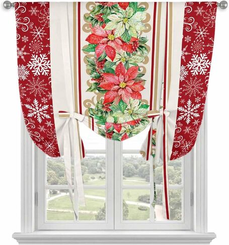 Christmas Poinsettia Tie Up Curtains for Window, Red Botanical Snowflake Thermal Insulated Balloon Shade Adjustable Rod Pocket Curtains Valance Panels for Kitchen Bathroom Café 34'' x 45'' in Saudi Arabia