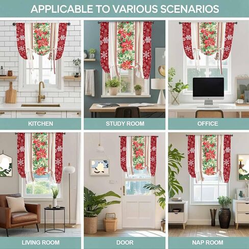 Christmas Poinsettia Tie Up Curtains for Window, Red Botanical Snowflake Thermal Insulated Balloon Shade Adjustable Rod Pocket Curtains Valance Panels for Kitchen Bathroom Café 34'' x 45'' in Saudi Arabia