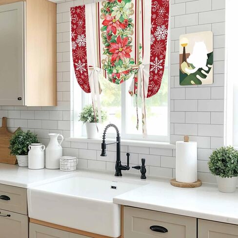 Christmas Poinsettia Tie Up Curtains for Window, Red Botanical Snowflake Thermal Insulated Balloon Shade Adjustable Rod Pocket Curtains Valance Panels for Kitchen Bathroom Café 34'' x 45'' in Saudi Arabia