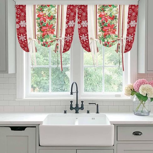 Christmas Poinsettia Tie Up Curtains for Window, Red Botanical Snowflake Thermal Insulated Balloon Shade Adjustable Rod Pocket Curtains Valance Panels for Kitchen Bathroom Café 34'' x 45'' in Saudi Arabia