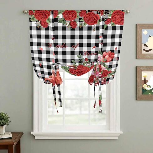 Roses Valentine's Day Tie Up Curtains for Window, Farmhouse Floral Truck Plaid Thermal Insulated Balloon Shade Adjustable Rod Pocket Curtains Valance Panels for Kitchen Bathroom Café 52'' x 63'' in Saudi Arabia