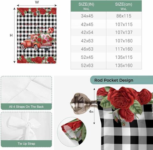 Roses Valentine's Day Tie Up Curtains for Window, Farmhouse Floral Truck Plaid Thermal Insulated Balloon Shade Adjustable Rod Pocket Curtains Valance Panels for Kitchen Bathroom Café 52'' x 63'' in Saudi Arabia