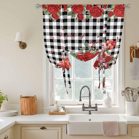 Roses Valentine's Day Tie Up Curtains for Window, Farmhouse Floral Truck Plaid Thermal Insulated Balloon Shade Adjustable Rod Pocket Curtains Valance Panels for Kitchen Bathroom Café 52'' x 63'' in Saudi Arabia
