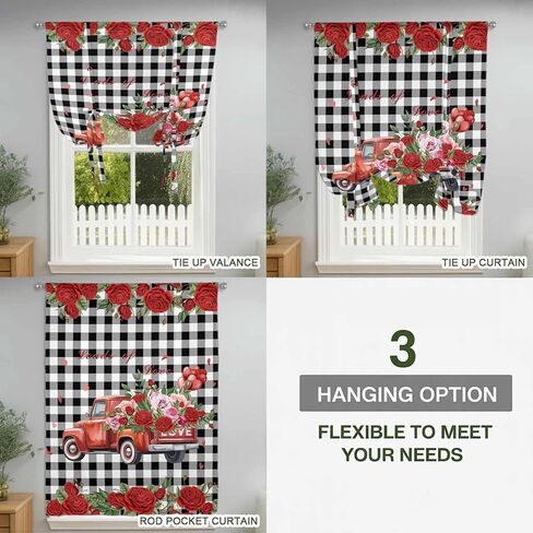 Roses Valentine's Day Tie Up Curtains for Window, Farmhouse Floral Truck Plaid Thermal Insulated Balloon Shade Adjustable Rod Pocket Curtains Valance Panels for Kitchen Bathroom Café 52'' x 63'' in Saudi Arabia