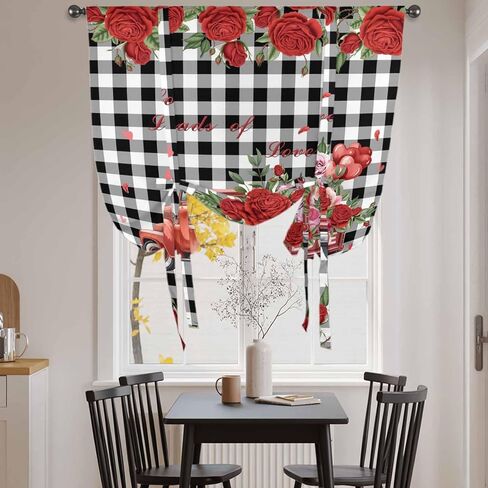 Roses Valentine's Day Tie Up Curtains for Window, Farmhouse Floral Truck Plaid Thermal Insulated Balloon Shade Adjustable Rod Pocket Curtains Valance Panels for Kitchen Bathroom Café 52'' x 63'' in Saudi Arabia