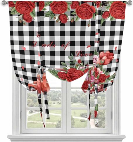 Roses Valentine's Day Tie Up Curtains for Window, Farmhouse Floral Truck Plaid Thermal Insulated Balloon Shade Adjustable Rod Pocket Curtains Valance Panels for Kitchen Bathroom Café 52'' x 63'' in Saudi Arabia