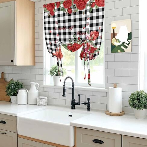 Roses Valentine's Day Tie Up Curtains for Window, Farmhouse Floral Truck Plaid Thermal Insulated Balloon Shade Adjustable Rod Pocket Curtains Valance Panels for Kitchen Bathroom Café 52'' x 63'' in Saudi Arabia