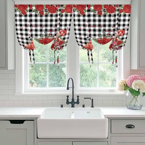 Roses Valentine's Day Tie Up Curtains for Window, Farmhouse Floral Truck Plaid Thermal Insulated Balloon Shade Adjustable Rod Pocket Curtains Valance Panels for Kitchen Bathroom Café 52'' x 63'' in Saudi Arabia