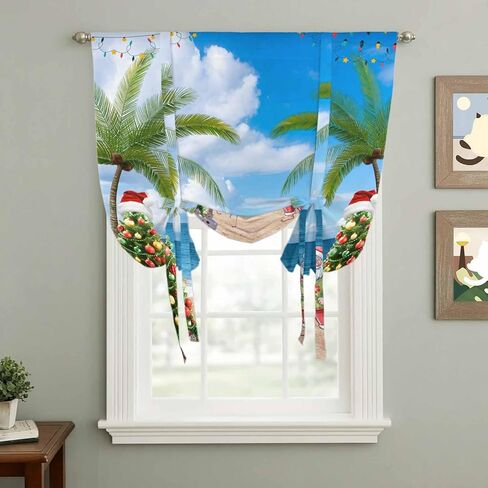 Coastal Christmas Tie Up Curtains for Window, Xmas Santa Tree Flaming Beach Thermal Insulated Balloon Shade Adjustable Rod Pocket Curtains Valance Panels for Kitchen Bathroom Café 42'' x 54'' in Saudi Arabia