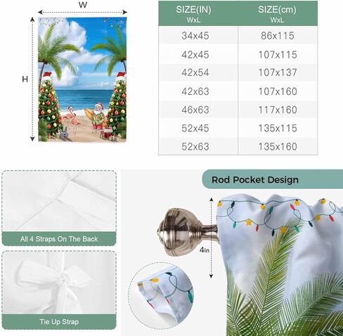 Coastal Christmas Tie Up Curtains for Window, Xmas Santa Tree Flaming Beach Thermal Insulated Balloon Shade Adjustable Rod Pocket Curtains Valance Panels for Kitchen Bathroom Café 42'' x 54'' in Saudi Arabia